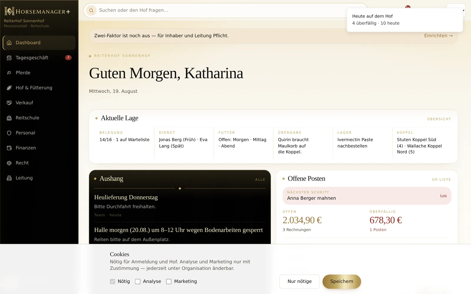 horsemanager+ Übersicht in der Desktop-Ansicht
